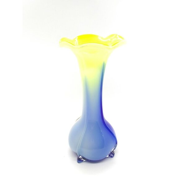 Art glass vase tulip floral style yellow blue swirl Bud Vase 8" - Picture 12 of 12